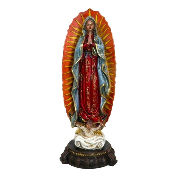 Colorful Devotional Blessed Virgin Our Lady of Guadalupe Statue With Ornate Base