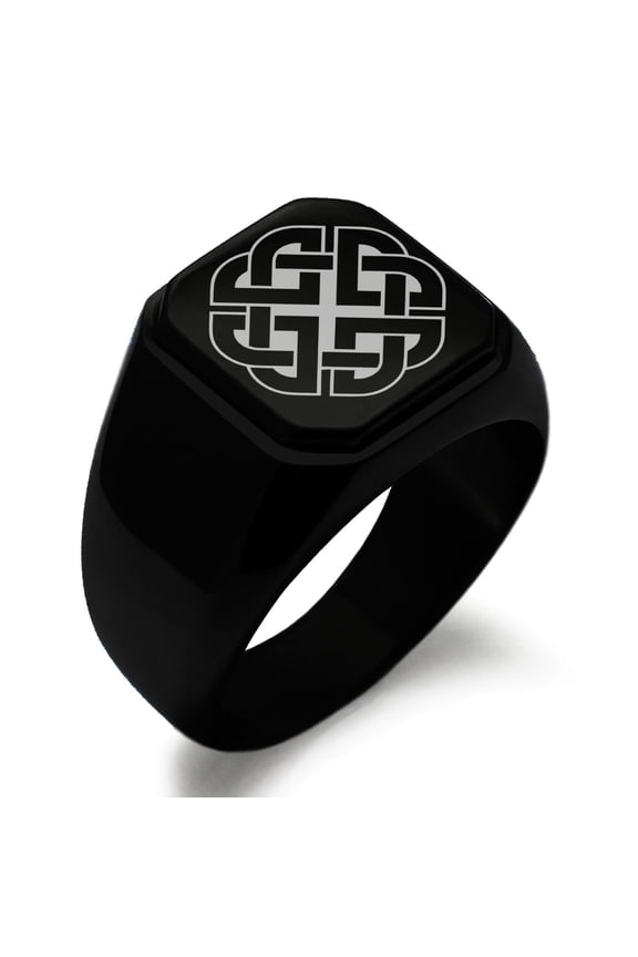 Stainless Steel Celtic Quaternary Knot Rune Engraved Square Flat Top Biker Style Polished Signet Ring