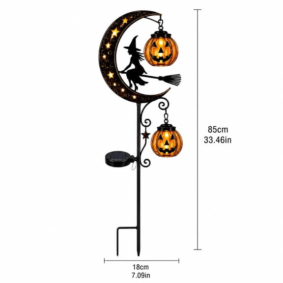 Halloween Solar Black Witch & Pumpkin Moon Garden Stake Light, Outdoor Waterproof LED Yard Decoration with Crescent Moon, Hanging Jack-o'-Lantern Lantern for Garden, Patio, Walkway, Porch