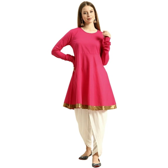 eloria Women's Fashion Solid Kurti with Dhoti Pants A-line shape, Fabric : Cotton, Color : Pink, Size : Medium