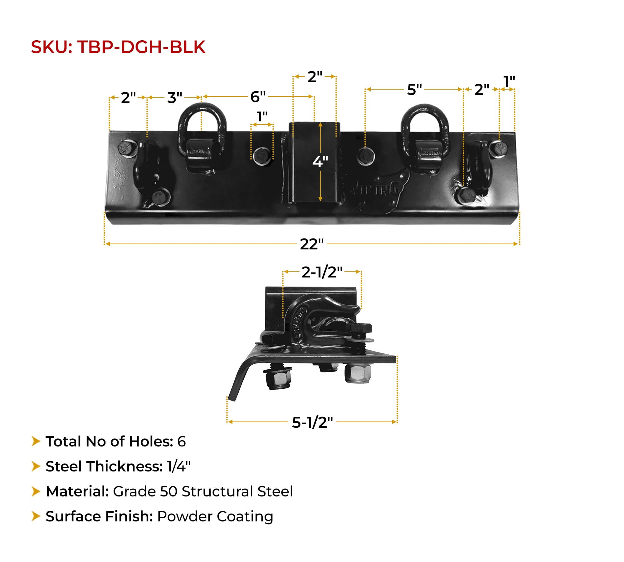 5-1/2"x22" Black Tractor Bucket Grab Hooks Bolt 2" Hitch Receiver for Deere 1025R 2320 2520 2720 2025R 2032R 2038R 3032E 4010 Tractor Bolt on Plate w/D-Ring & Grab Hooks - 4,700 lbs