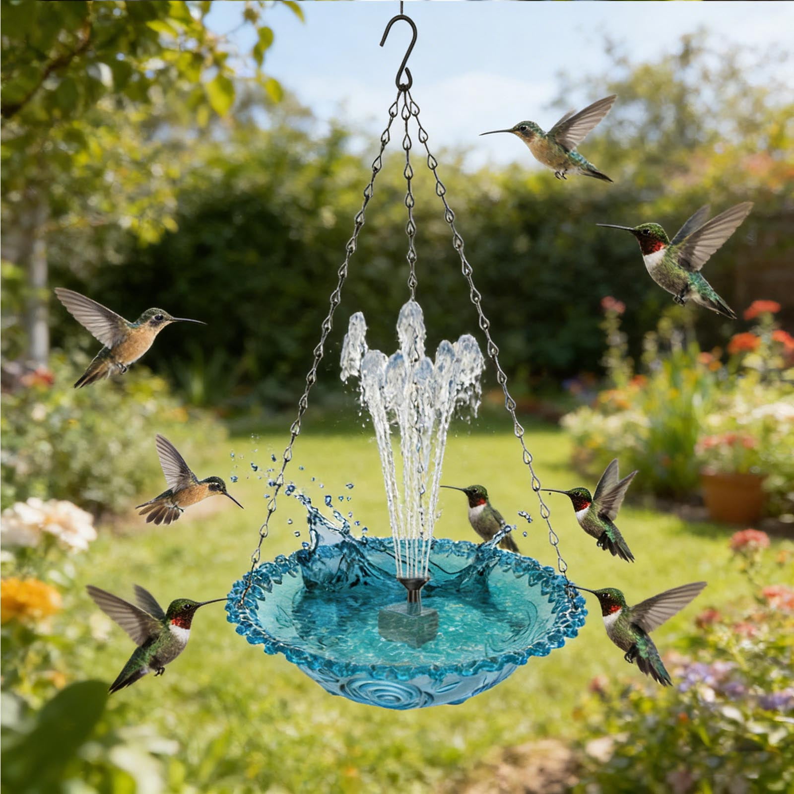 Fountwell Hanging Solar Bird Bath Fountain with Built-in Pump, Heart-Shaped Basin Cascade Water Flow – All-in-One No Wiring for Garden, Patio, Hummingbirds