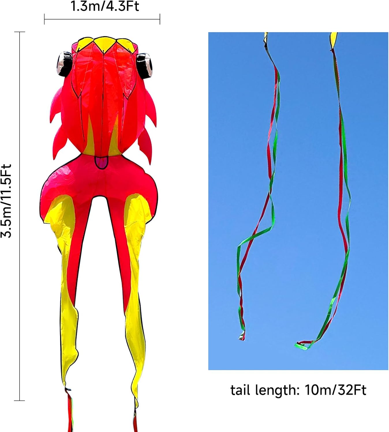 Large 43ft 3D Goldfish Frameless Soft Umbrella Kite for Adults, Easy to Fly with 330ft String for Beach and Park, Ages 12+