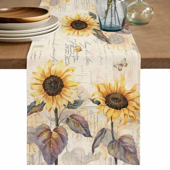 Table Runner 72 Inches Long for Kitchen Dining, Yellow Sunflowers Dresser Scarf Farmhouse, Dining Table Decorations for Wedding/Parties, Vintage Flowers Leaves Butterfly Plants 13 x 72 In