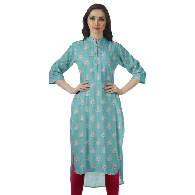 Moomaya Kurti Indienne Imprimée Tunique en Coton pour Femme Col Mandarin Kurta Longueur Genou