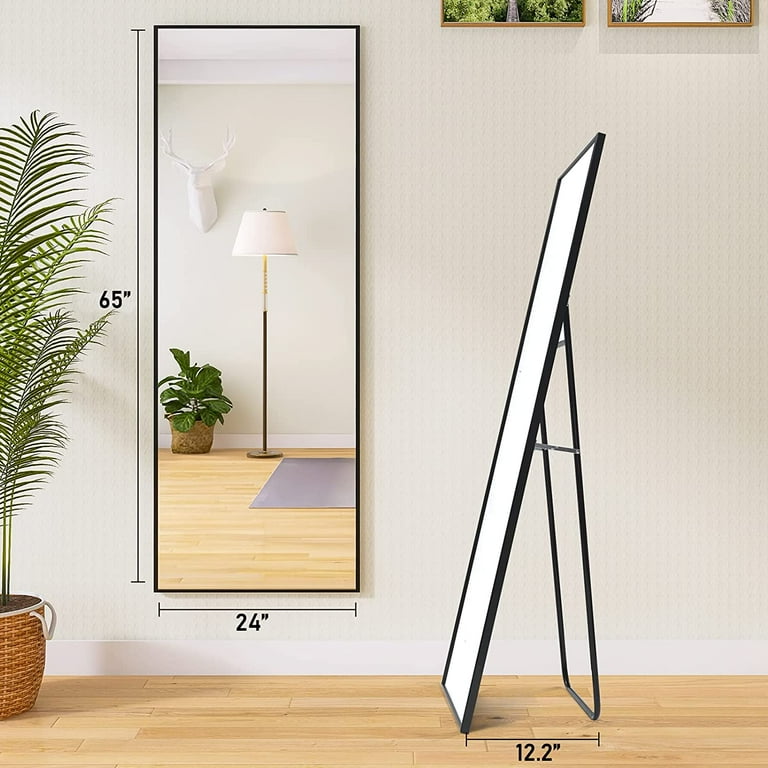 65x24 Inch Full Length Floor Mirror With Solid Wood Frame - Black, Lean Or Hang For Bedroom & Living Room