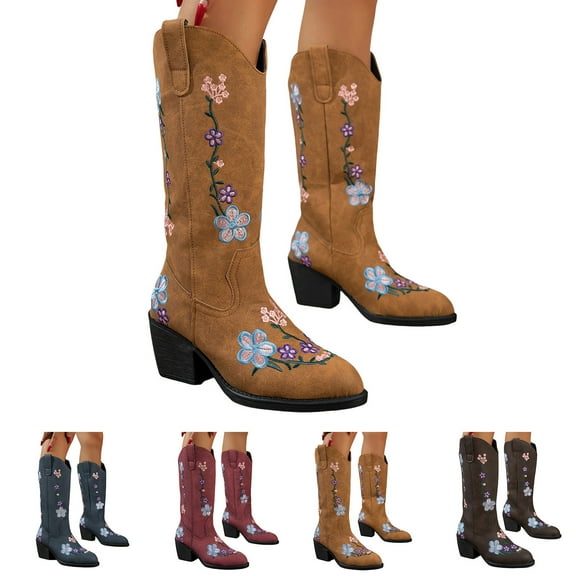 Dakaela Women's Cowgirl Boots Embroider Floral Wide Calf Cowboy Boots Chunky Heel Western Casual Knee High Boots Blue 6.5