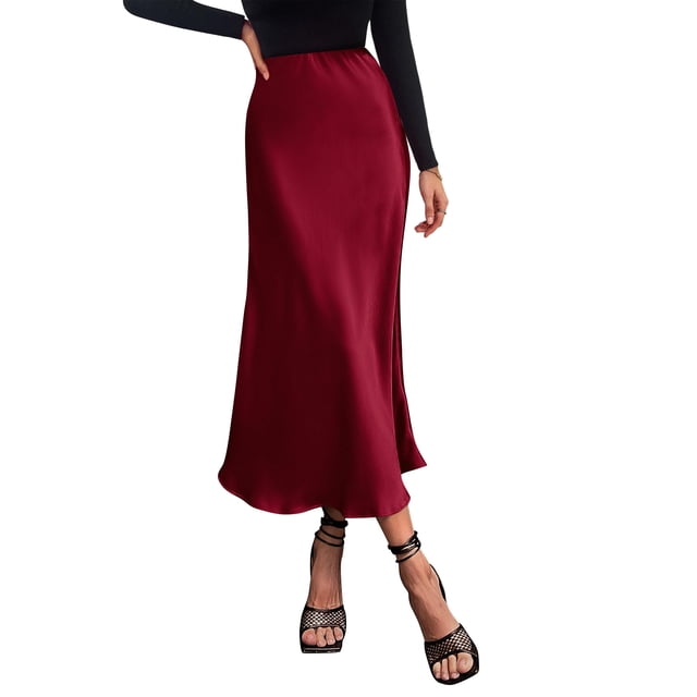 Falda PRETTYGARDEN Otoño 2025 Satinada de Cintura Alta Vino Talle S