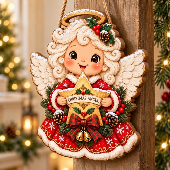 Christmas Angel Hanging Sign Holiday Door Decor