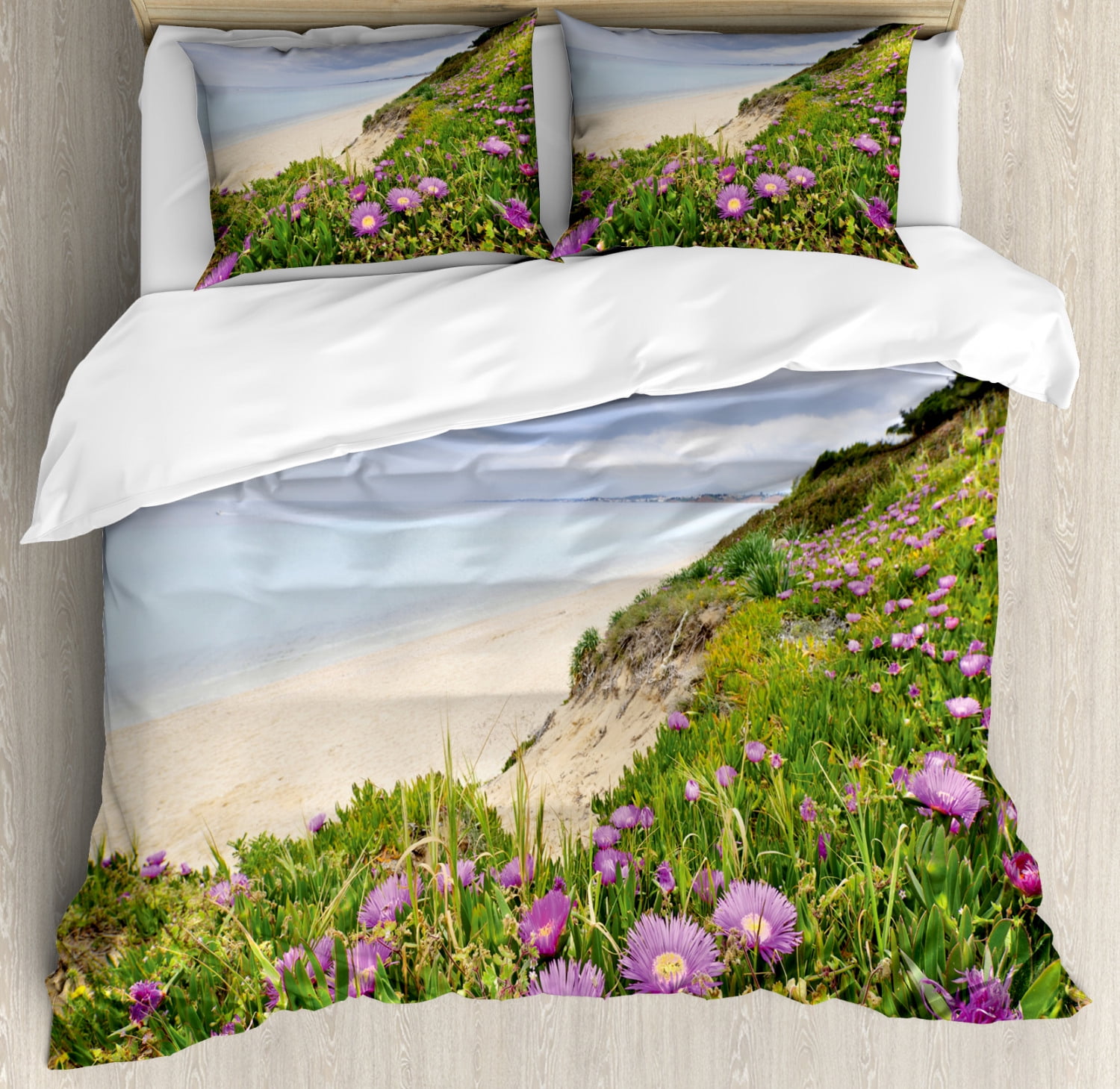 Wildflower Duvet Cover Set, Aegean Sea with Blooming Purple Flowers