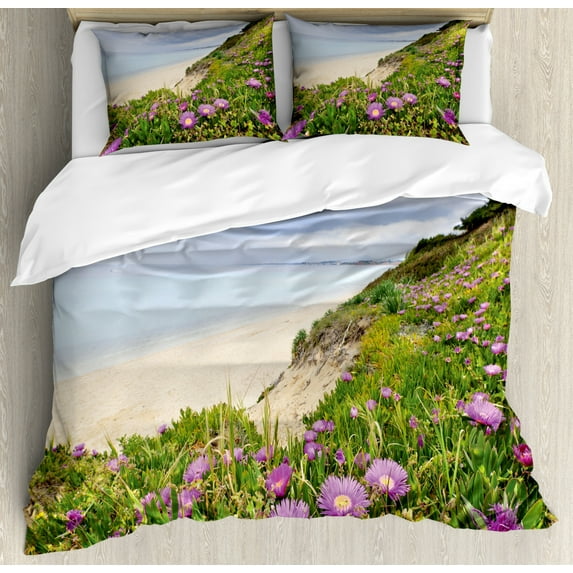 Wildflower Duvet Cover Set Queen Size, Aegean Sea with Blooming Purple Flowers Nautical Nature Landscape, Decorative 3 Piece Bedding Set with 2 Pillow Shams, Baby Blue and Multicolor, by Ambesonne
