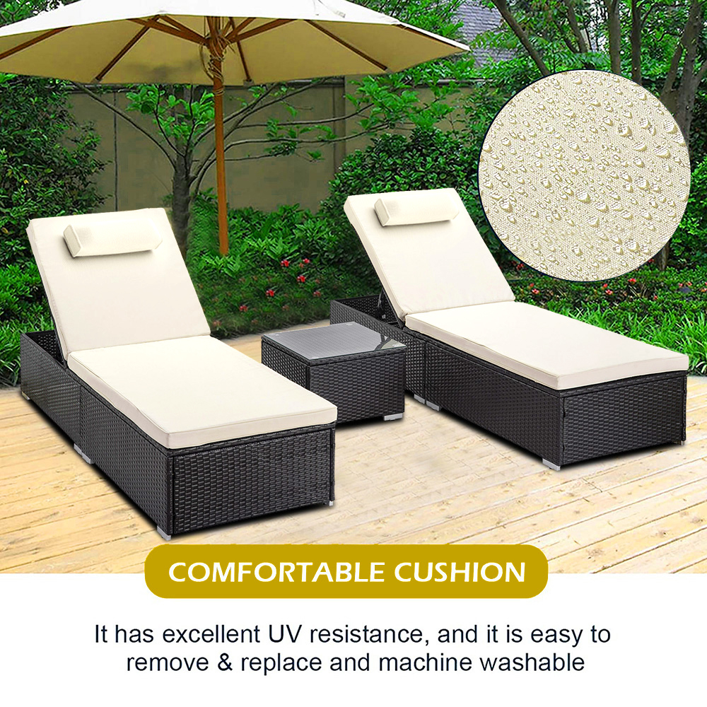 3 Pieces Outdoor Patio Chaise Lounges Set, Rattan Wicker Chaise Lounge Chairs with Cushion and Coffee Table, Adjustable Back Sun Lounger for Backyard, Pool, Balcony, Patio Reclining Chaise - image 3 of 8