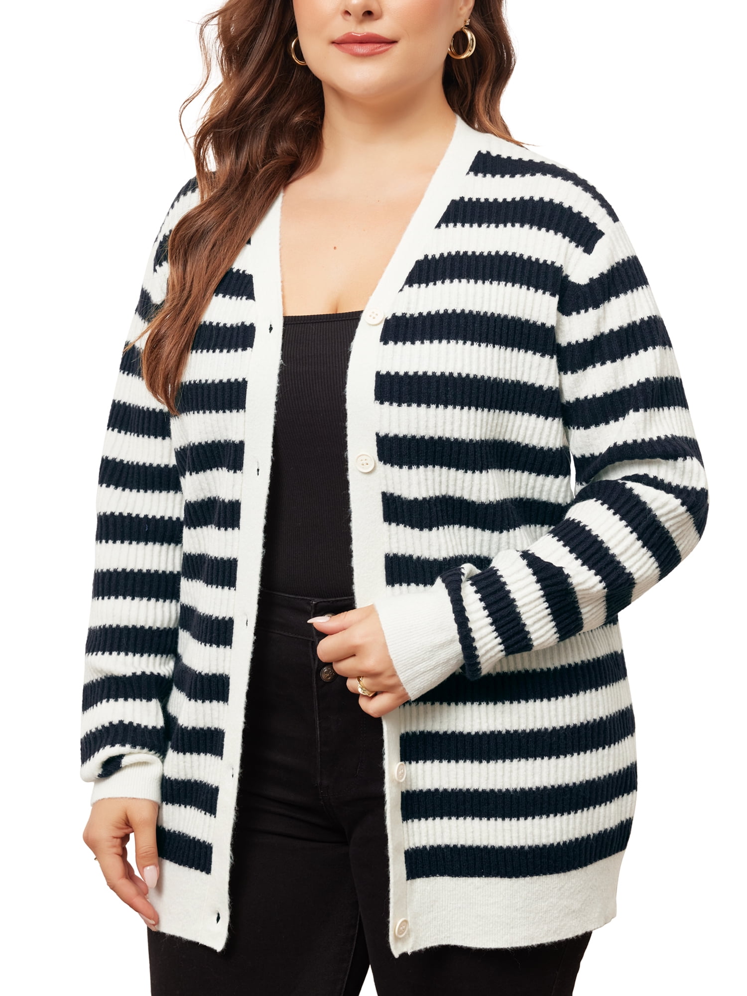 DARING DIVA Plus Size Button Down Open Front Long Sleeve Striped Sweater 2X Blue