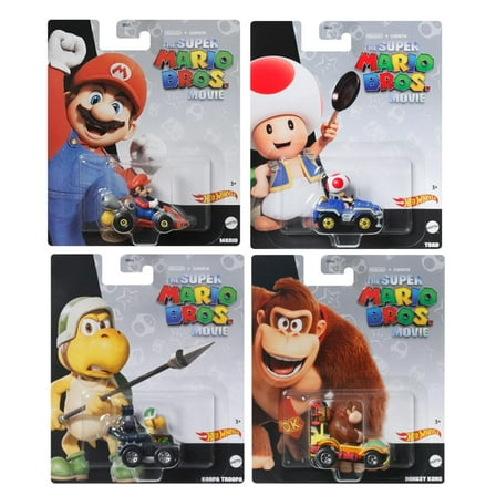 Hot Wheels Super Mario Bros. Movie Character Cars 4‑Pack, Mario, Toad, Koopa & Donkey Kong, Die‑Cast 1:64 Scale Vehicles, Ages 3 
