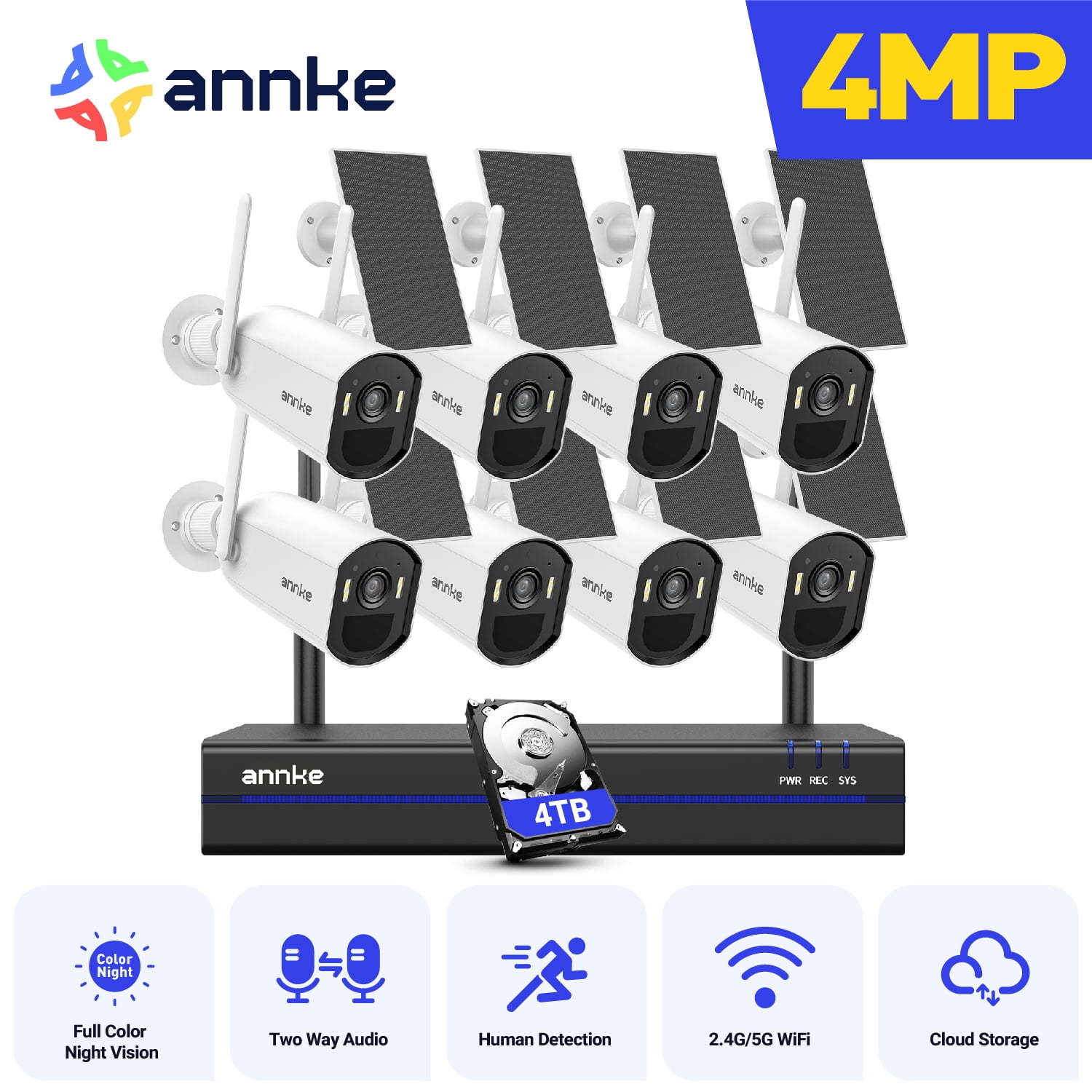ANNKE 16CH Solar Powered Battery Powered Wireless Security Camera System 8 x 4MP Outdoor Cameras 4K NVR with 4TB HDD Color Night Vision Human Motion Detection Two-Way Audio