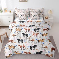 Manfei Farm Animal Horse 7-Piece Bedding Comforter Set,Rustic Farmhouse Horseshoe King Bedding Sets,Brown Blue Heart Print Bed Sheets For Kids,Breathable Home Decor Reversible