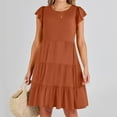 thumbnail image 2 of Busydd 2024 Womens Summer Mini Dress Crewneck Flutter Short Sleeve Casual Dresses Tiered Pleated Flowy Sun Dress Solid Color Dresses with Pockets, 2 of 9