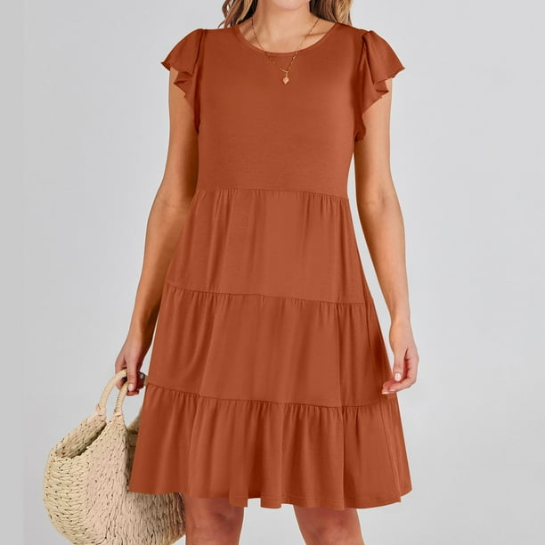 Puntoco Vestido De Manga Corta De Verano De Color Sólido Para Mujer Naranja Xl,Regalos Para Mujer Joven