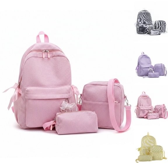 HJYCHN Backpack for Teen Girls Striped 3Pc Set Daypack with Ribbon Bow Bead Charm Crossbody Pencil Case Back to School Supplies for Kids School Backpack for Boys Pink