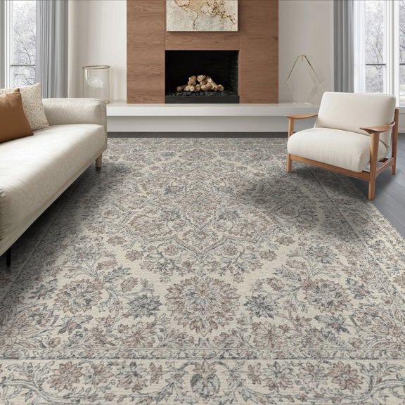 ODIKA 8'x10' Washable Area Rug Under Vintage Distressed Border Ornate Scrollwork Large Dining Flowing Dynamic for Living Room, Sectional, Family , Durable, Non-Slip
