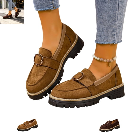 YOUYEDIAN Loafers for Women Fashion Round Toe Comfy Non Slip Flat Shoes Versatile Outdoor Platform Belt Design Shoes