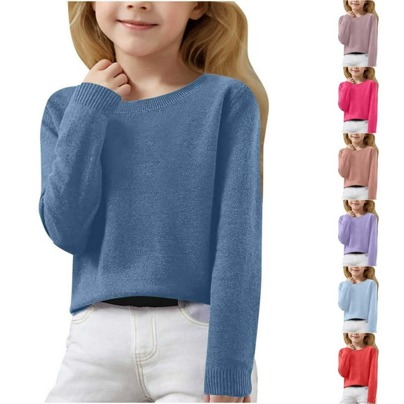 lkfuzj Girls Sweater Long Sleeve Knit Pullover Crewneck Warm Top 2025 Fashion New Solid Color Spring Clothes for Kid 6-15 Years - Gray
