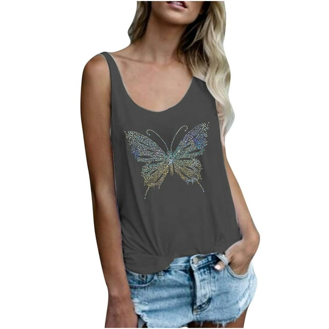 CEHVOM Women‘s ’Casual Solid Color Round Neck Colorful Sequin Printed Vest Top