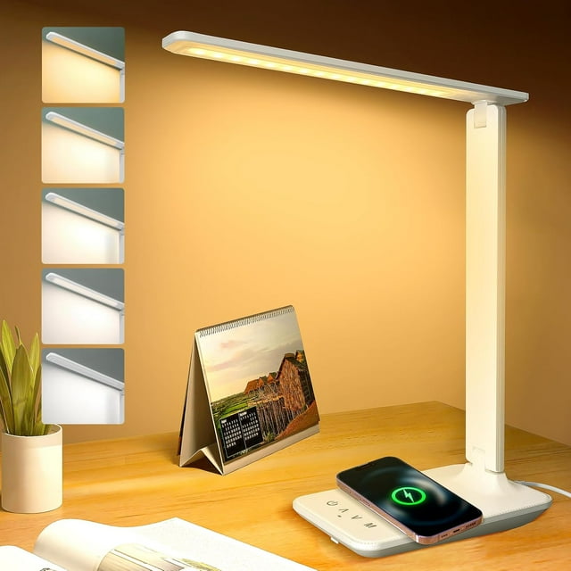 TEMOGU-LED Desk Lamp Eye-Caring Table Lights Dimmable 5 Modes Touch Control Adjustable Table lamp with USB Charging Port for Home Office Reading, Studying Working (White + Wireless Charger)