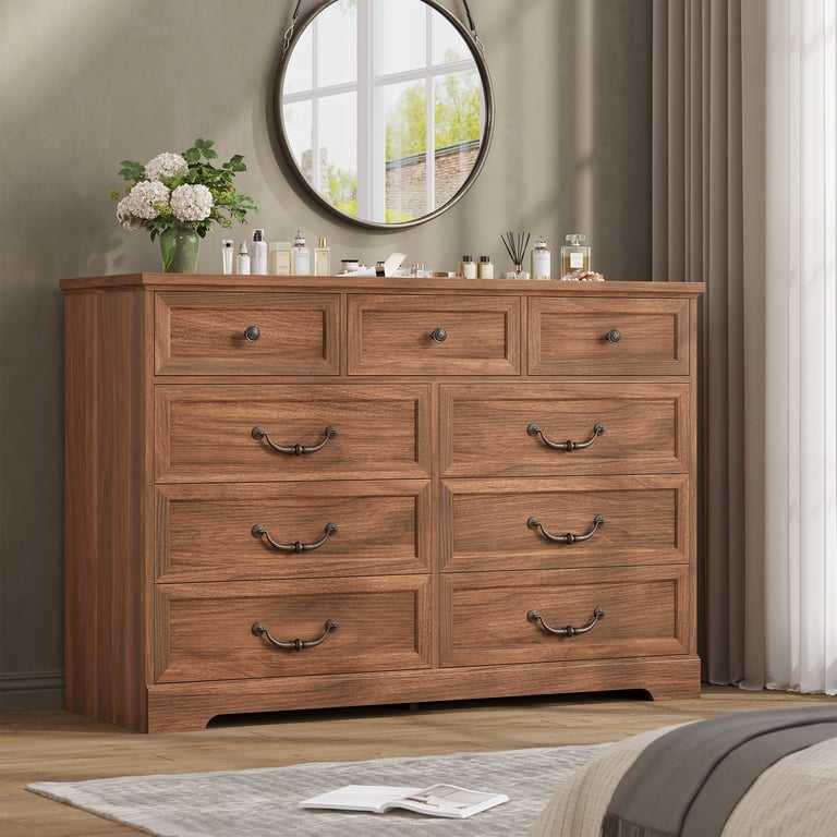 Farmhouse 9 Drawers Dresser, Wide Chest of Drawers for Bedroom, Large Storage Closet Organizer with Vintage Metal Handle, Wooden Dresser TV Stand for Living Room,Vintage Brown - Walmart.com Farmhouse 9 Drawers Dresser, Wide Chest of Drawers for Bedroom, Large Storage Closet Organizer with Vintage Metal Handle, Wooden Dresser TV Stand for Living Room,Vintage Brown - Walmart.com