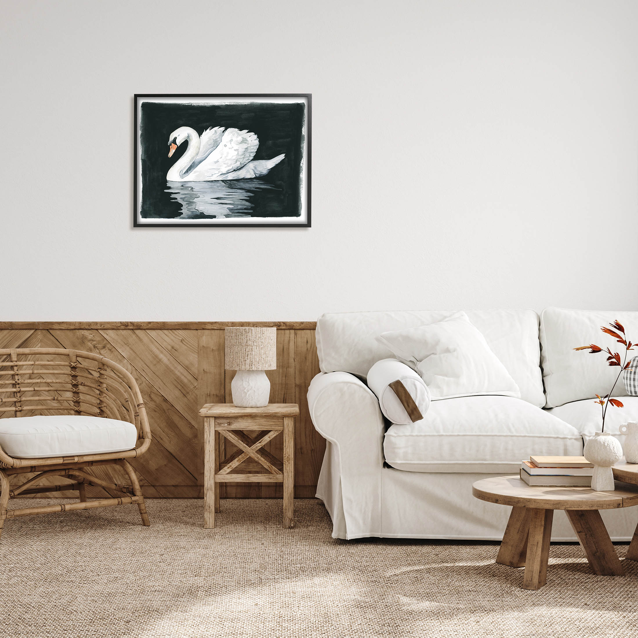Beautiful Swan Black Reflection Animals & Insects Graphic Art Black Framed Art Print Wall Art