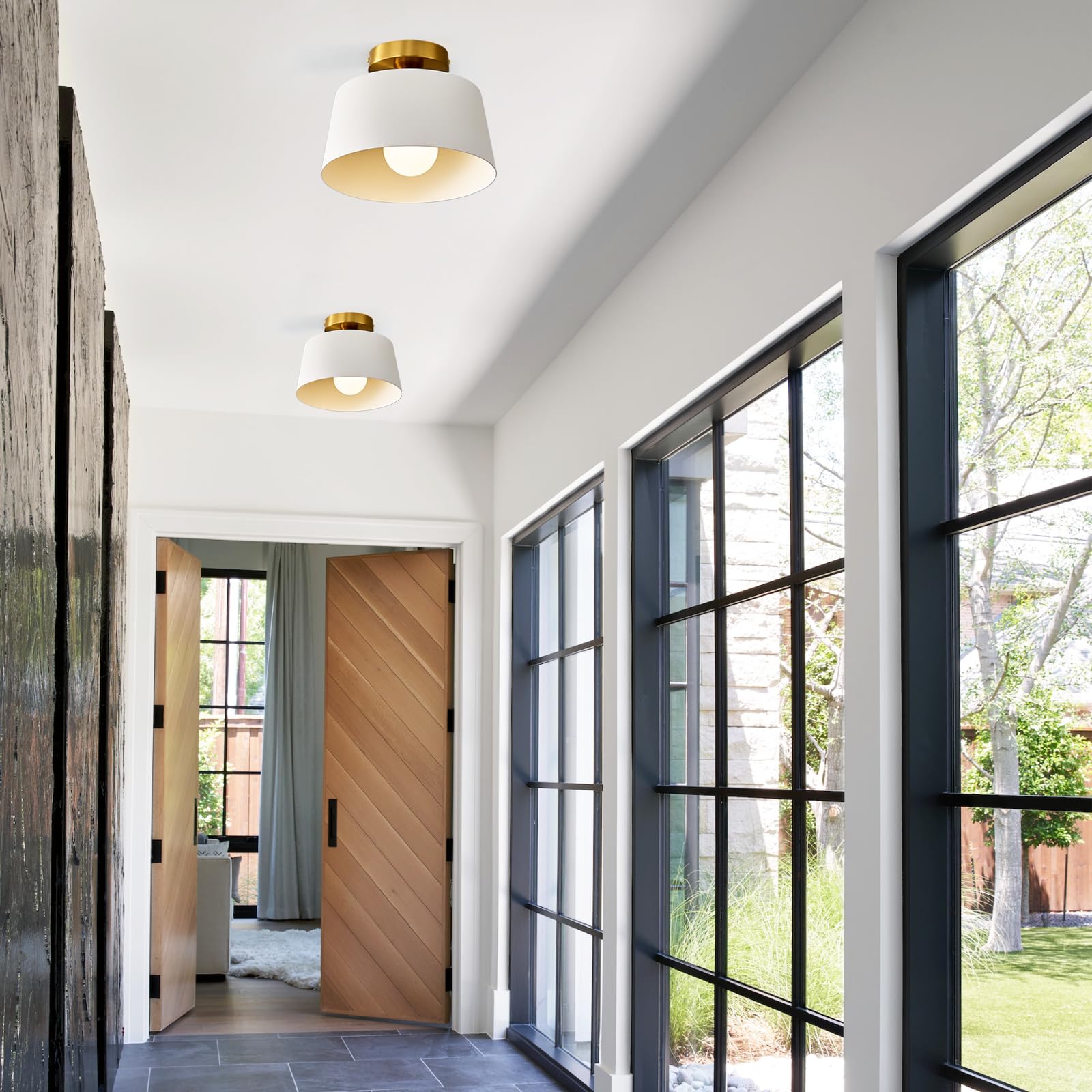Modern Semi Flush Mount Ceiling Light 2 Pack,Metal Ceiling Light Fixture,E26 Ceramic Lamp Head,Black and Gold Ceiling Lamp for Hallway Kitchen Entryway Bedroom Laundry Room