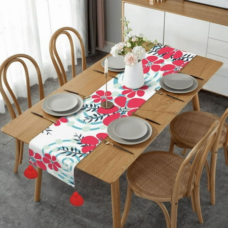 

Red And Blue Winter Flowers Table Runner Imitation Linen Table Runner With Red Tassels For Party And Dining Room 14 x 60