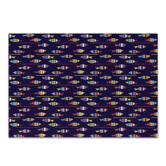 Fish Cutting Board, Rainbow Patterned Aquatic Creatures Silhouettes and Stripes Marine Fauna Aquarium, Decorative Tempered Glass Cutting and Serving Board, Small Size, Multicolor, by Ambesonne