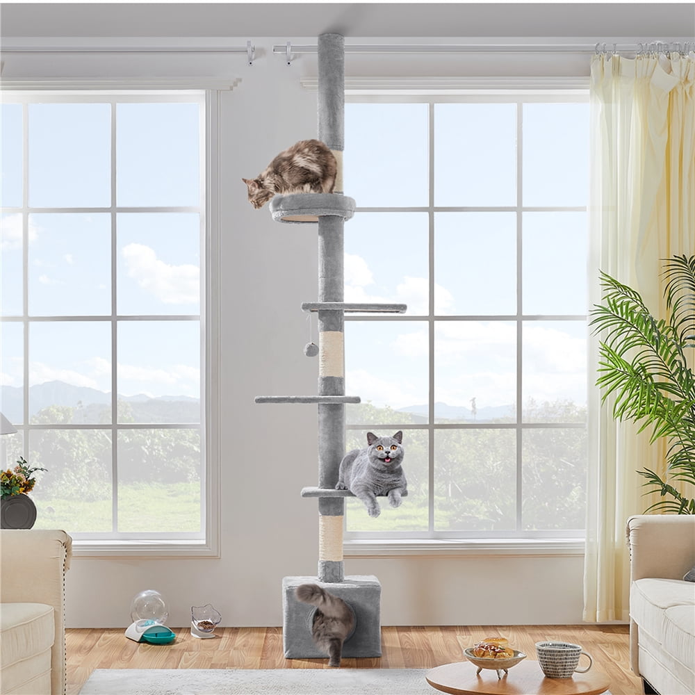 Yaheetech 7.4-8.7FT Multilevel Floor To Ceiling Cat Tree with Condo & 4 Perches, Light Gray