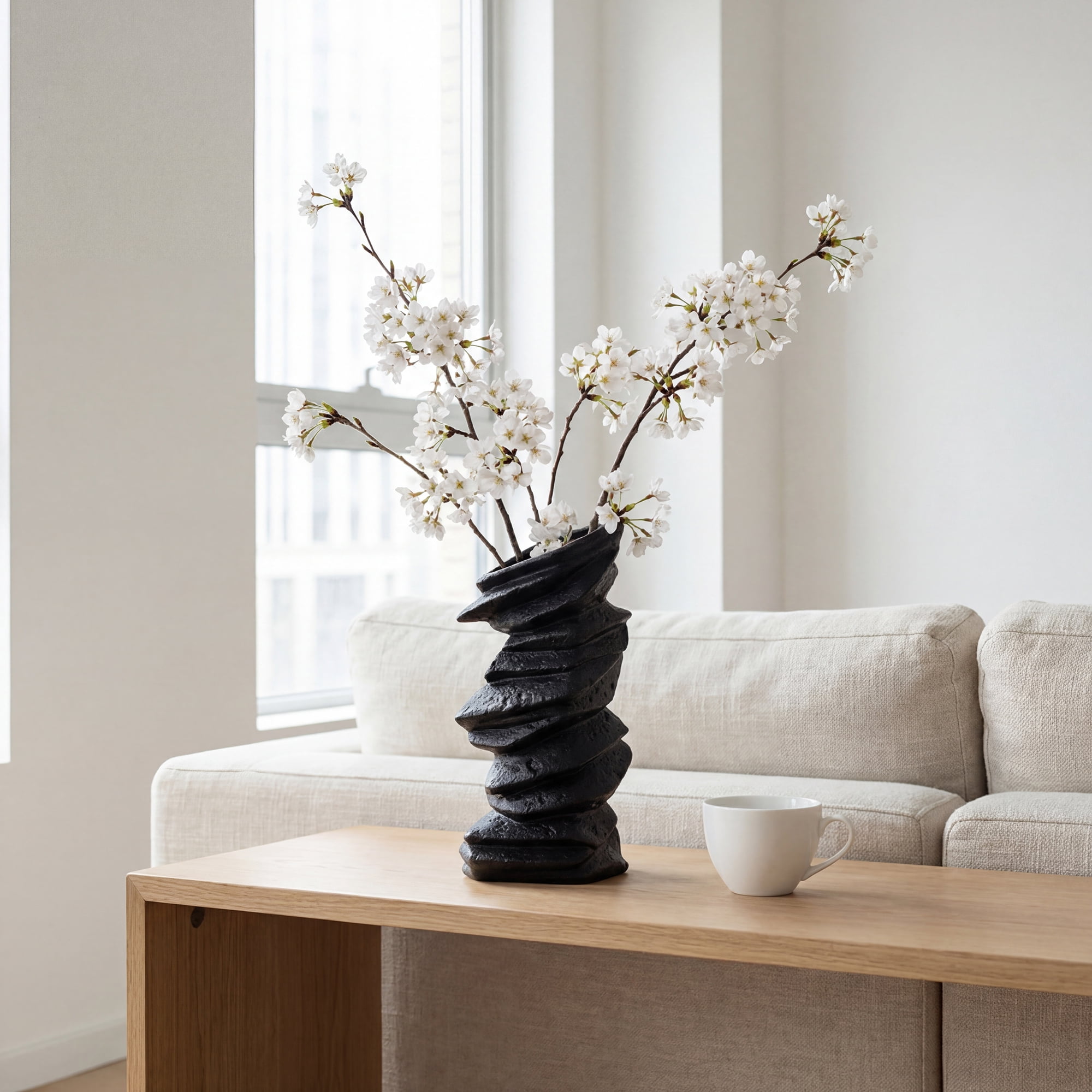 Unique Bargains Modern Ceramic Vase for Home Decor Matte Ribbed Flower Vase Black 4.6