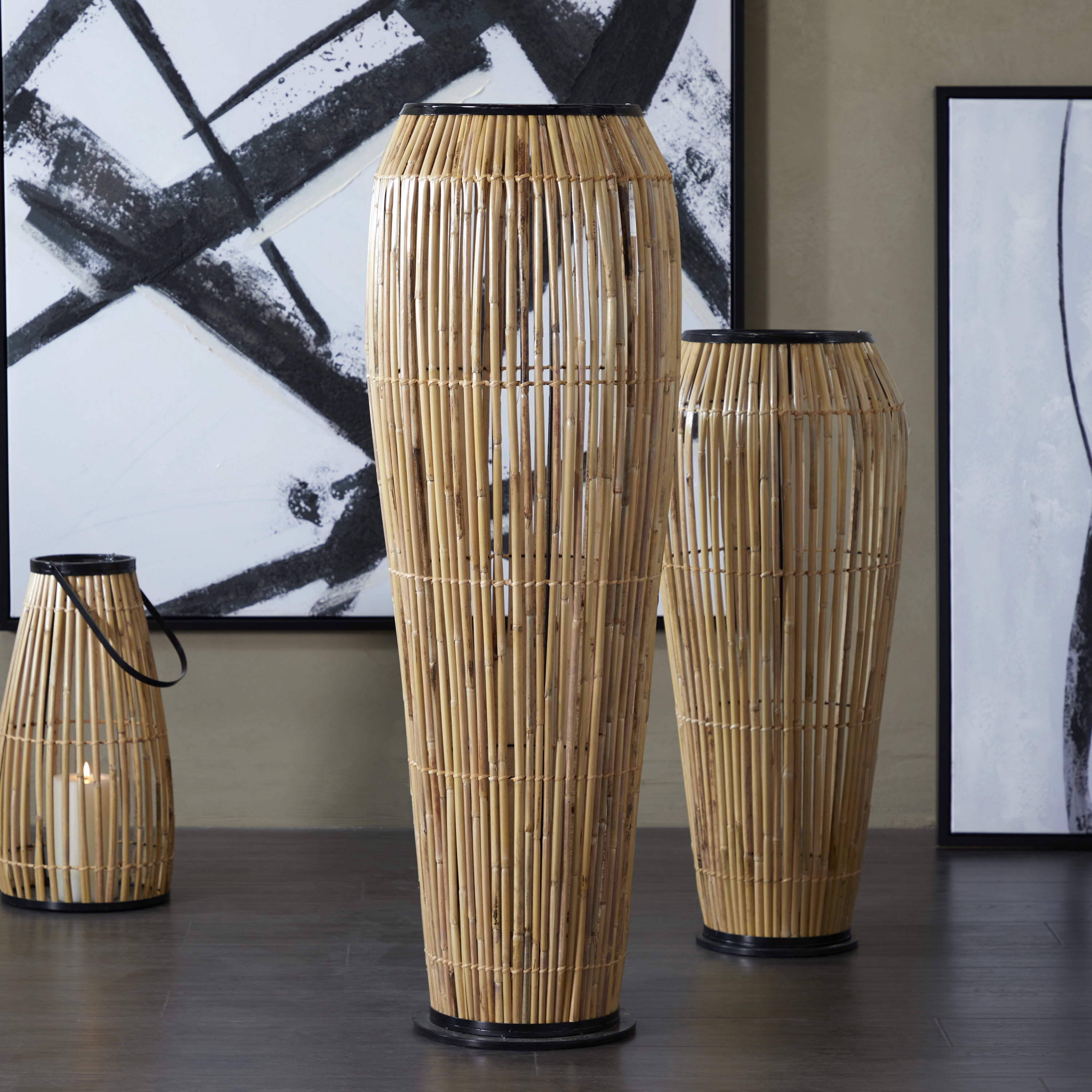 DecMode 47" Handmade Slatted Frame Light Brown Rattan Vase with Black Metal Accents