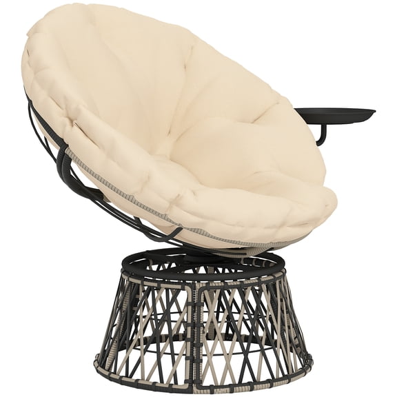 Homiyad 360° Swivel Outdoor Papasan Chair, Overstuffed Circle Chair with Side Tray, Thickened Cushion for Indoor, Patio, Beige