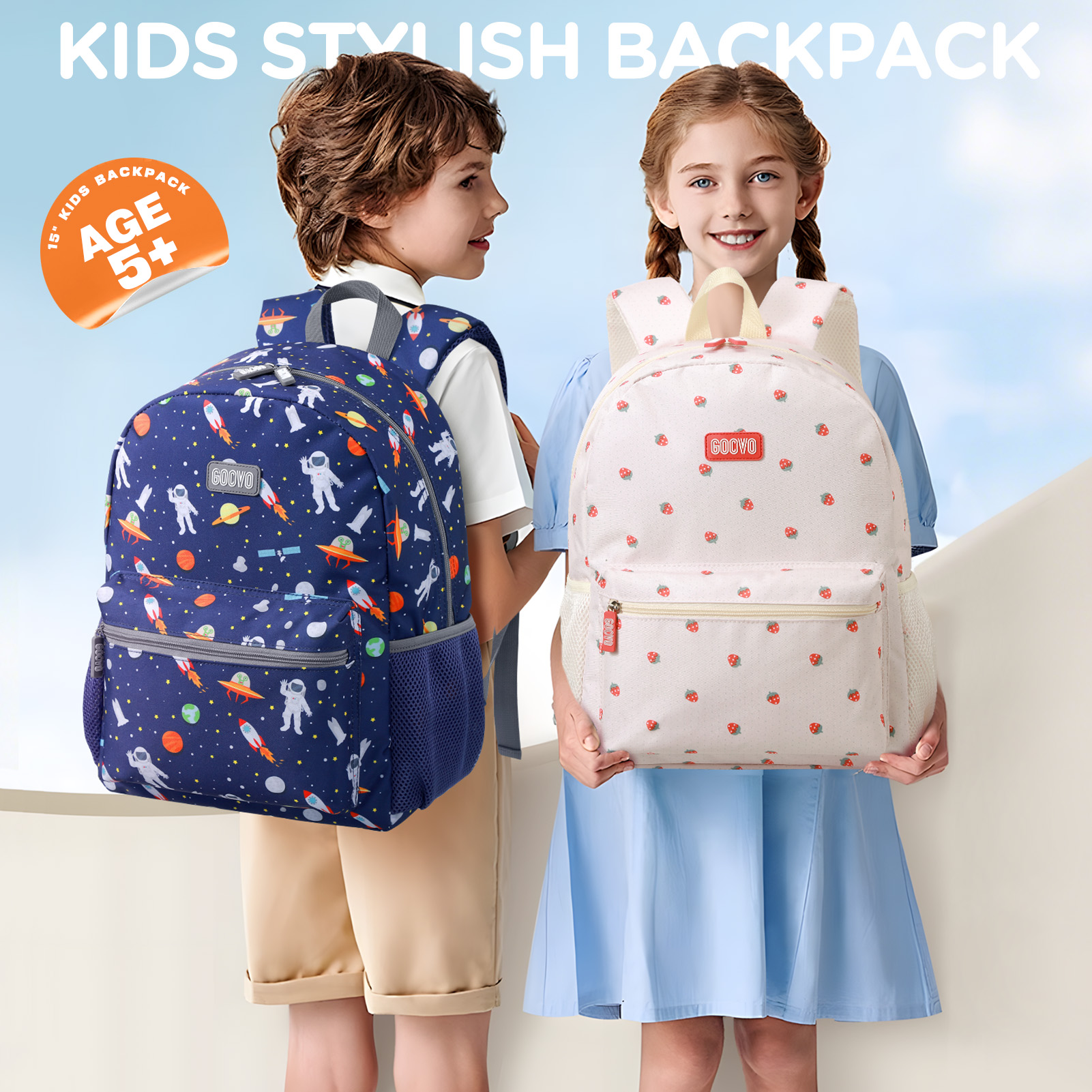 Mochila para niñas, impermeable para adolescentes, linda mochila escolar, estampado de fresa en beige 2
