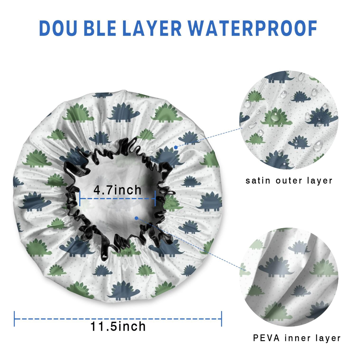 Shower Caps,Monochrome Dinosaur Silhouette Pattern Waterproof Shower Cap for Women 4 Pieces,Double Reusable Hair Cover for Shower PEVA Elastic Stretch Hem
