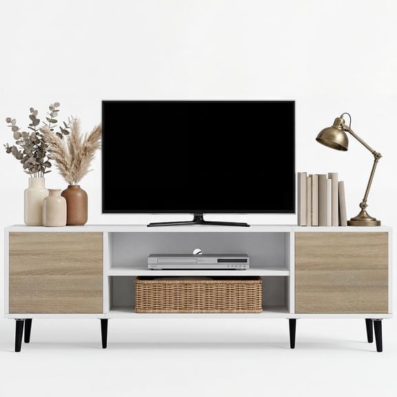 Vineego TV Stand for 65 Inch TV with 2 Push-to-Open Doors, Mid-Century Modern Media Console with Open Shelves, Entertainment Center for Living Room Bedroom, Beige & White