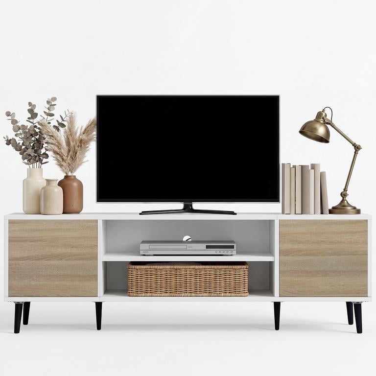 Vineego TV Stand for 65 Inch TV with 2 Push-to-Open Doors, Mid-Century Modern Media Console with Open Shelves, Entertainment Center for Living Room Bedroom, Beige & White