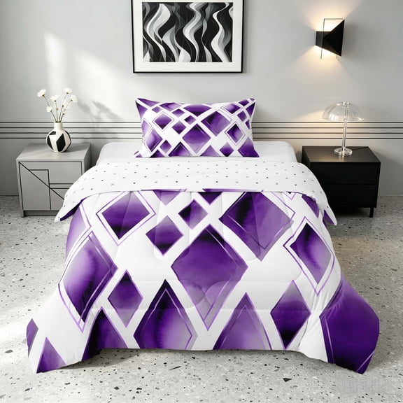 Manfei Watercolor Diamond Geometric Twin Comforter Sets, Purple Metalic Bedding Set, Purple White, Reversible 2-Piece, 1 Comforter and 1 Pillowcase