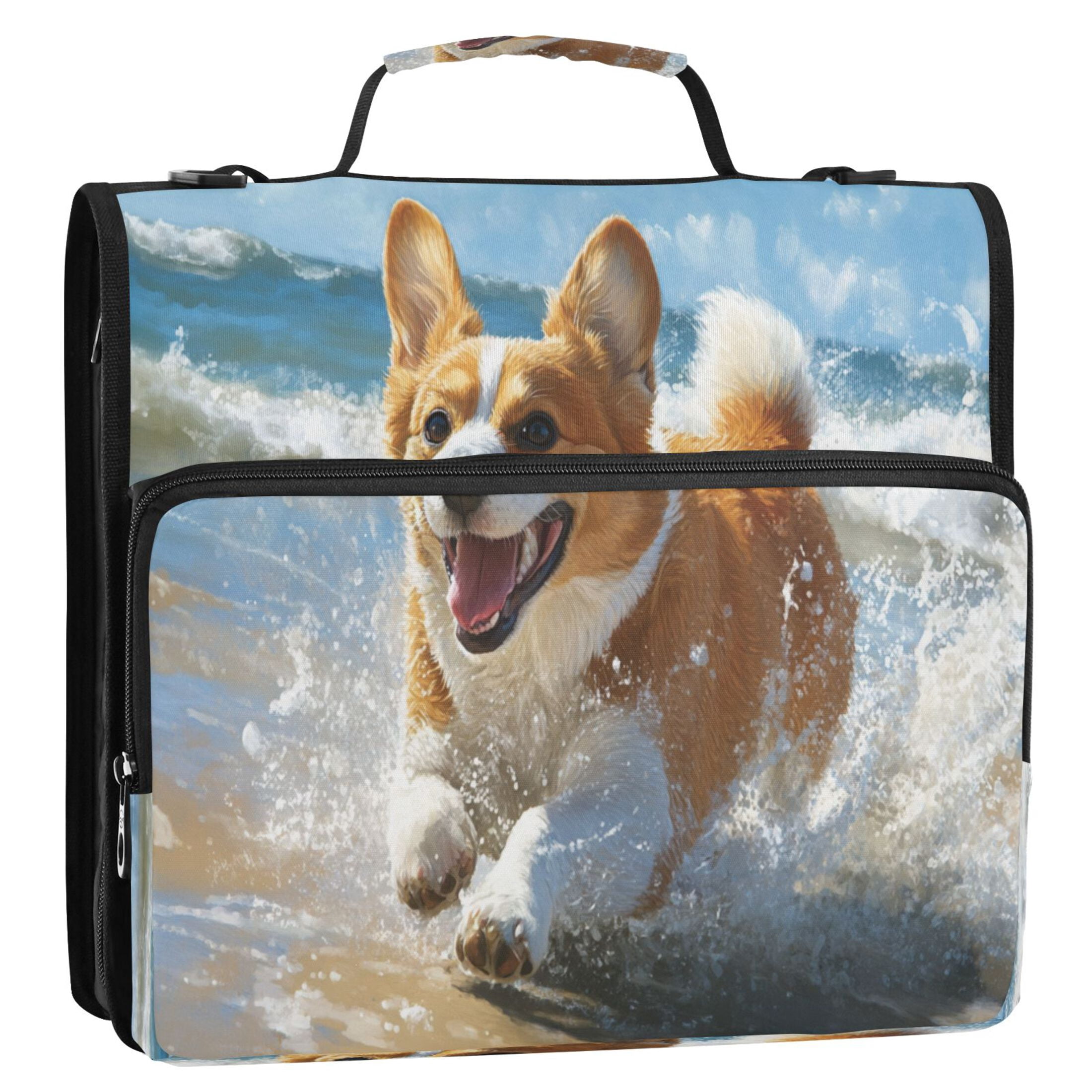 YAZAOO Zipper Binder trapper keeper Documents Organized Design Corgi Running on Beach Printed