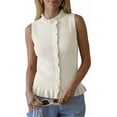 thumbnail image 3 of Sleeveless Women Solid Button Down Ruffle Knit Vest Peplum Tops, 3 of 6
