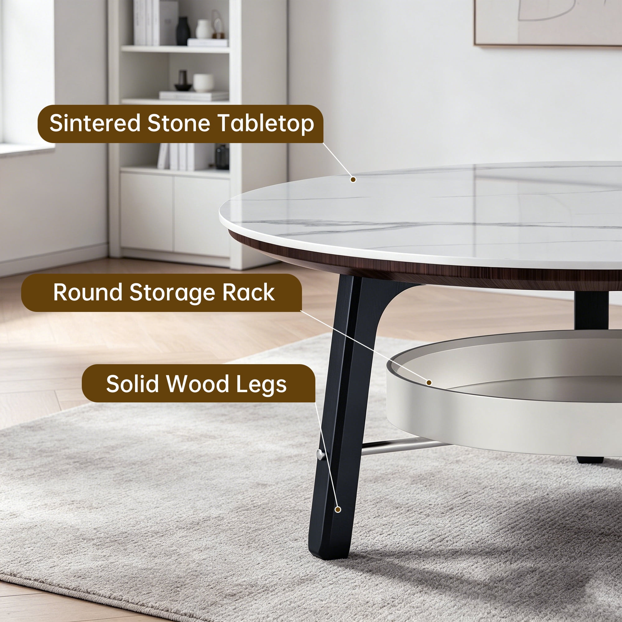 Leumius Round Coffee Table with Storage Shelf, Modern Minimalist Center Table for Living Room White