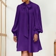 thumbnail image 4 of Women Loose Dress Lace-up Bow Neck Long Lantern Sleeves Solid Color Knee Length Formal OL Commute Midi Dress, 4 of 8