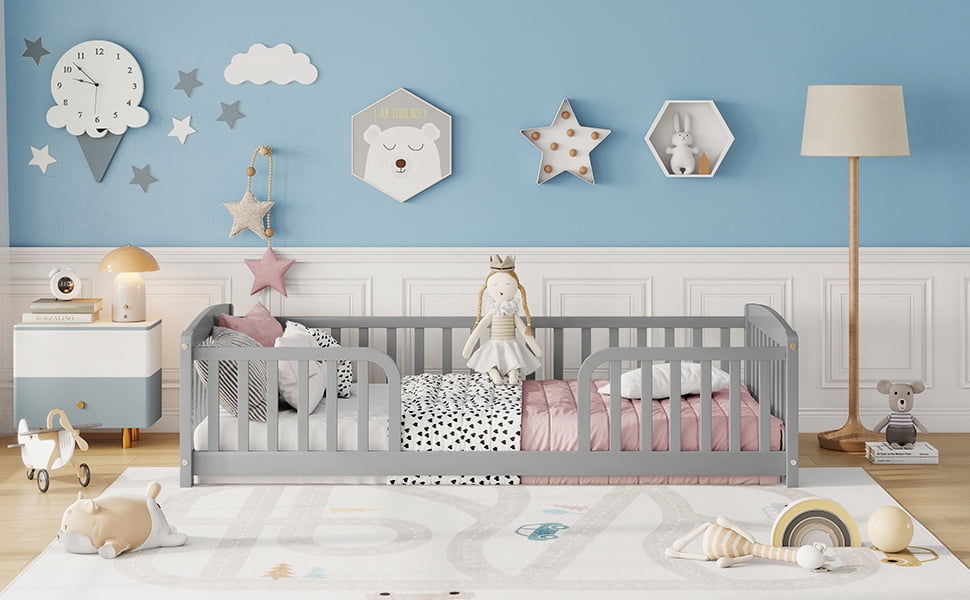 Mintazer Twin Size Toddler Floor Bed with Guardrails & Central Entrance, Grey