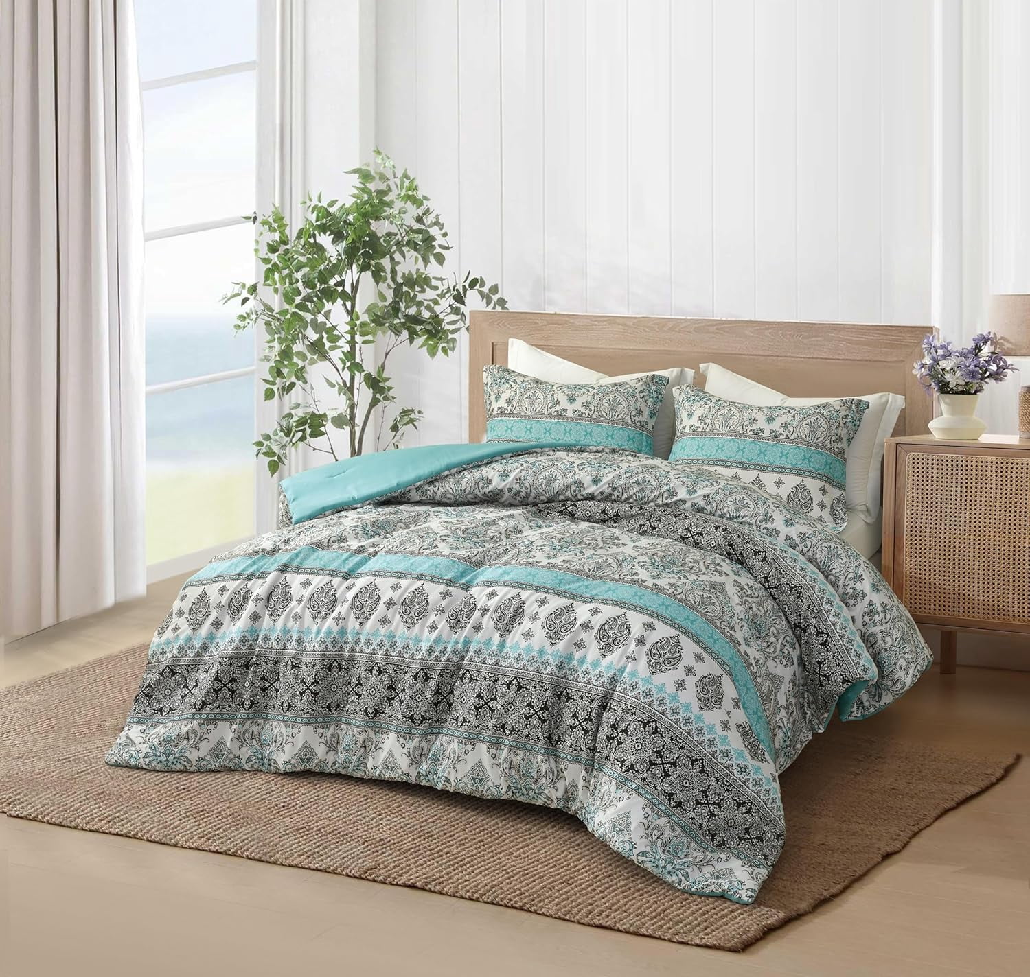 Chezmoi Collection Herald 2-Piece Printed Comforter Set, Aqua Blue Black White Boho Damask, Pre-Washed Microfiber Lightweight Bedding for All Seasons, Twin Size