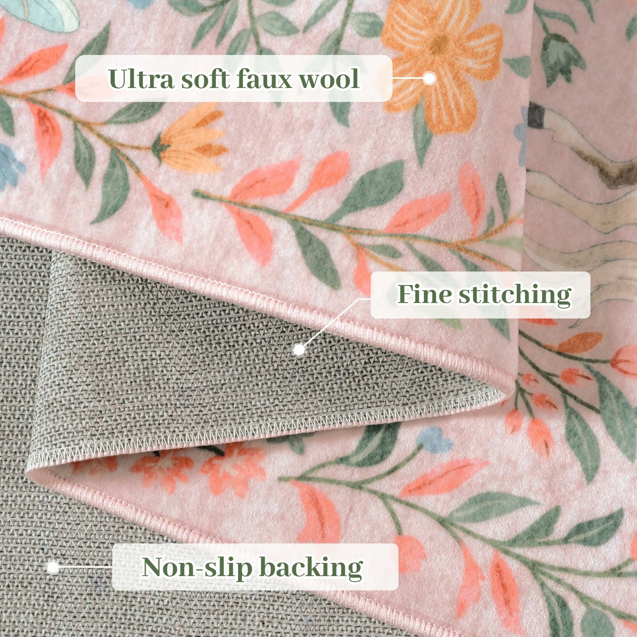 Moynesa 5'x7' Washable Fantasy Garden Area Rugs for Living Room, Vintage Botanical Unicorn Girls Rugs for Bedroom, Animal Accent Carpet for Nursery Playroom, Pink