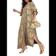 thumbnail image 2 of Vestido Bohemio con Estampado Floral para Mujer, Escote en V Profundo, Abertura Lateral, Corta, Corte A, Holgado Caqui L, 2 of 5